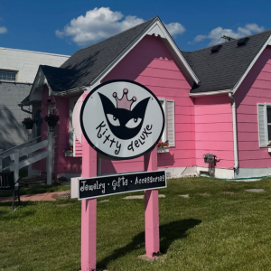 a house painted bright pink. In front is a sign with an illustration of a black cat face wearing a crown. It reads kitty deluxe. below that it reads jewelry, gifts, accessories. 22202 Harper Avenue in St Clair Shores, MI 48080